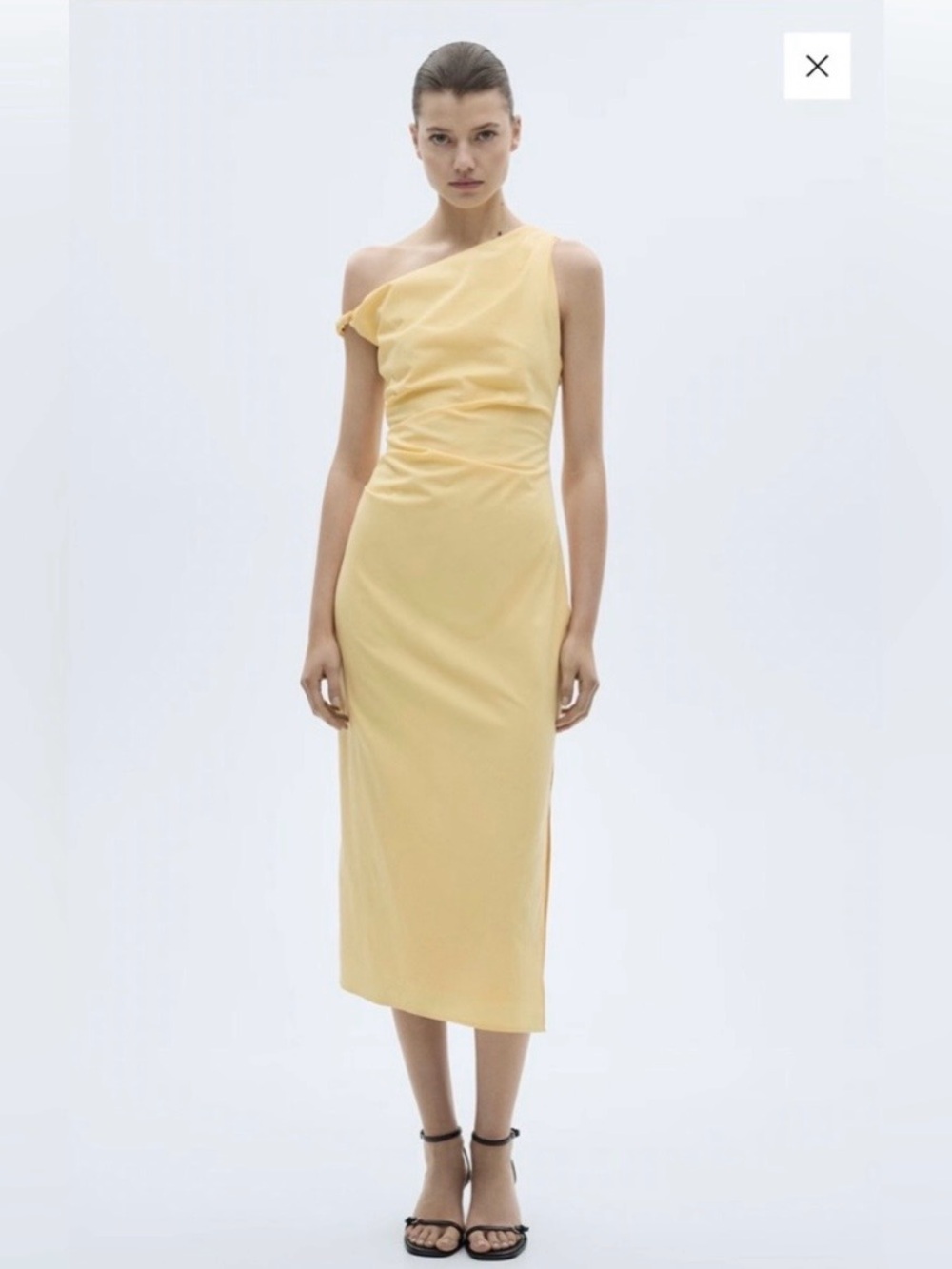 mango yellow asymmetric neck draped midi dress
